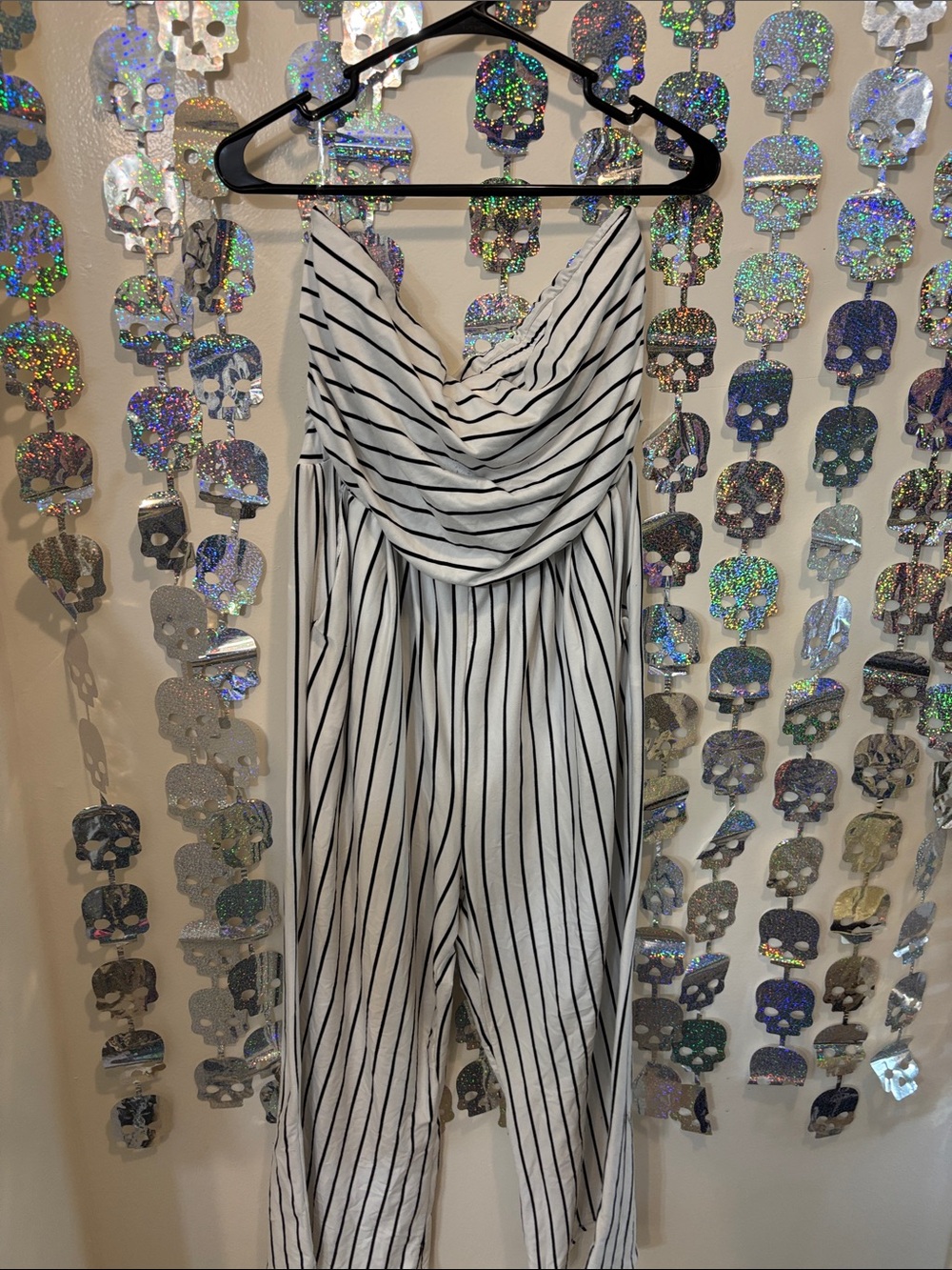 Heart Hips White and Black Striped Cowl Neck Jumpsuit
